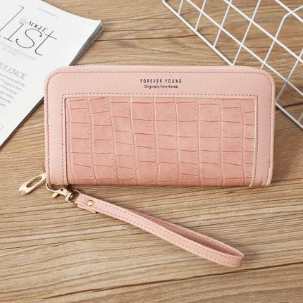 Ladies Long Zip Wallet For Everyday Use Fits Cards And Cash pink PU zip-around wallet with wrist strap, card slots, coin pocket and crocodile texture