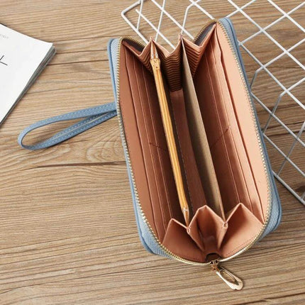 Ladies Long Zip Wallet For Everyday Use Fits Cards And Cash - PU zip wallet open showing card slots, coin pocket and wrist strap