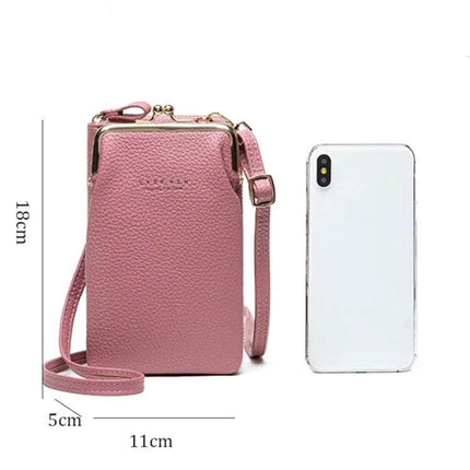 Ladies Mobile Phone Bag Pebbled For Everyday Errands - pink pebbled PU leather crossbody holding 6.5-inch phone, cards and cash, 18x11x5cm
