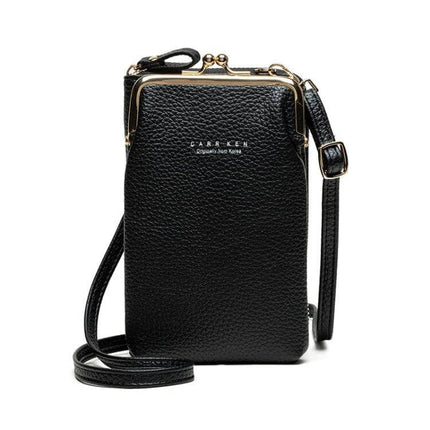 Ladies Mobile Phone Bag Pebbled For Everyday Errands - black pebble PU leather crossbody phone bag fits 6.5-inch phone, cards and cash
