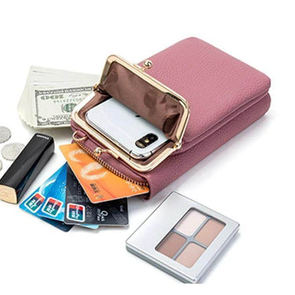 Ladies Mobile Phone Bag Pebbled For Everyday Errands - pink pebbled PU leather phone bag holding 6.5-inch phone, cards and cash for quick errands