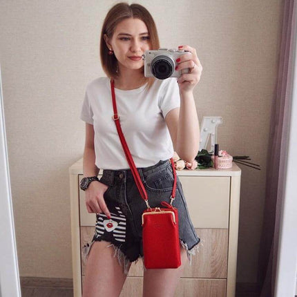 Ladies Mobile Phone Bag Pebbled For Everyday Errands - red pebble PU leather crossbody phone bag holding 6.5-inch phone and cards