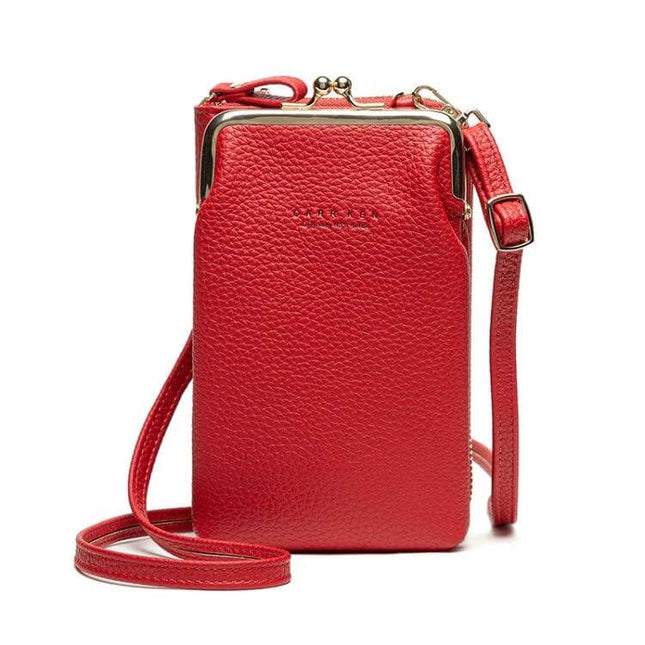 Ladies Mobile Phone Bag Pebbled For Everyday Errands slim red pebble-textured PU leather crossbody phone bag holding 6.5-inch phone and cards