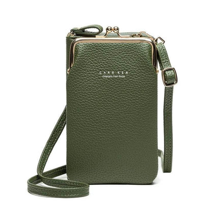 Ladies Mobile Phone Bag Pebbled For Everyday Errands - olive green pebble PU leather crossbody phone bag with strap, fits 6.5-inch phone and cards