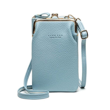 Ladies Mobile Phone Bag Pebbled For Everyday Errands in light blue pebbled PU leather with slim crossbody strap, holds 6.5-inch phone, cards and cash