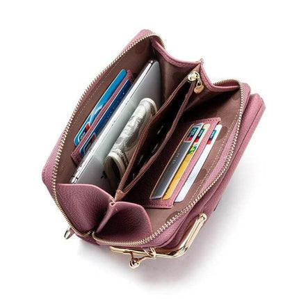 Ladies Mobile Phone Bag Pebbled For Everyday Errands - pink pebbled PU leather phone bag holding 6.5-inch phone, cards and cash, slim everyday wallet