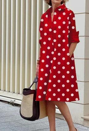 Ladies Long Sleeve Mid-Length Shirt Dress In Solid Colors red polka dot mid-length polo collar cotton-poly dress suitable for casual office or errands