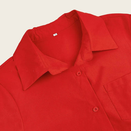 Ladies Long Sleeve Mid-Length Shirt Dress In Solid Colors - red cotton-poly polo collar close-up, long sleeve shirt dress detail