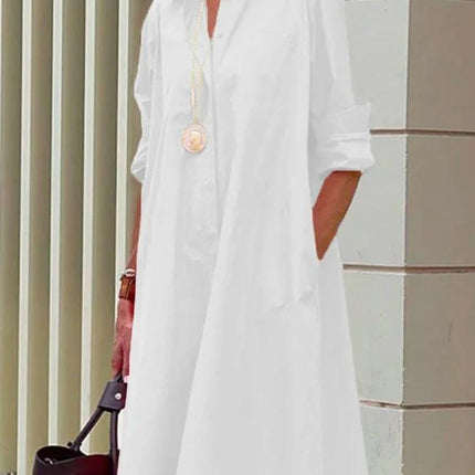 Ladies Long Sleeve Mid-Length Shirt Dress In Solid Colors in white cotton-poly with POLO collar, long sleeves, pockets — casual office or weekend look