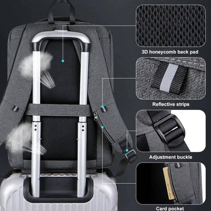 Laptop Backpack Antitheft For Daily Use 16 Inch Size showing 3D honeycomb back pad, reflective strips, adjustment buckle and card pocket