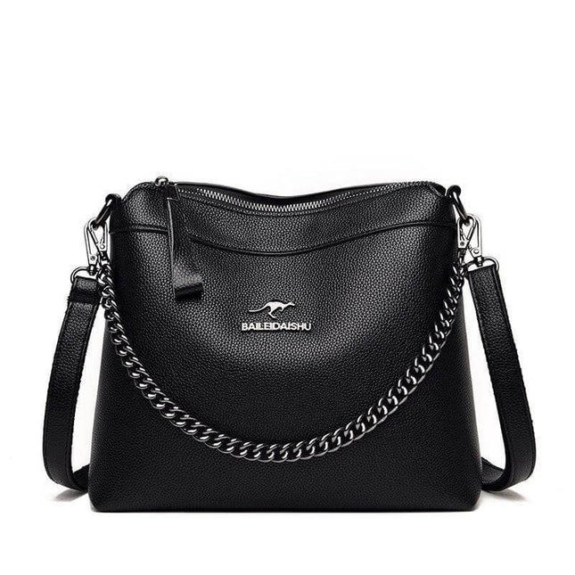 Large Crossbody Shoulder Handbag With Multiple Pockets For Daily Use - black PU horizontal square bag with chain detail and multiple interior pockets