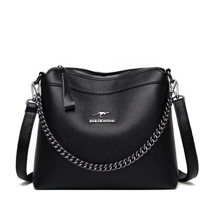 Large Crossbody Shoulder Handbag With Multiple Pockets For Daily Use - black PU horizontal square bag with chain detail and multiple internal pockets