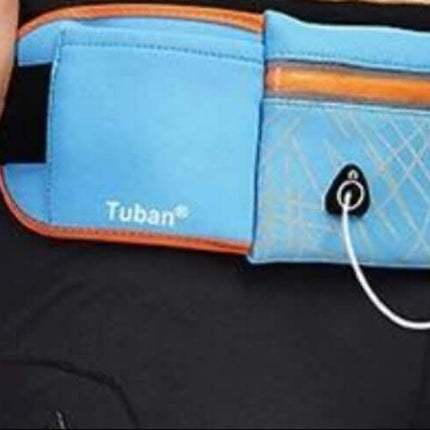 Large Capacity Outdoor Waist Pack for Jogging and Gym in blue polyester with zippered pockets, earphone port, lightweight water-resistant hands-free storage