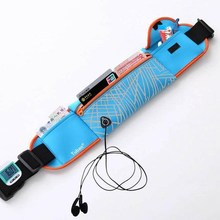 Large Capacity Outdoor Waist Pack for Jogging and Gym shown in blue with zipper pocket, card slots, earphone port and secure adjustable strap