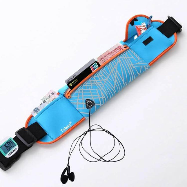Large Capacity Outdoor Waist Pack for Jogging and Gym shown in blue with zipper pocket, card slots, earphone port and secure adjustable strap