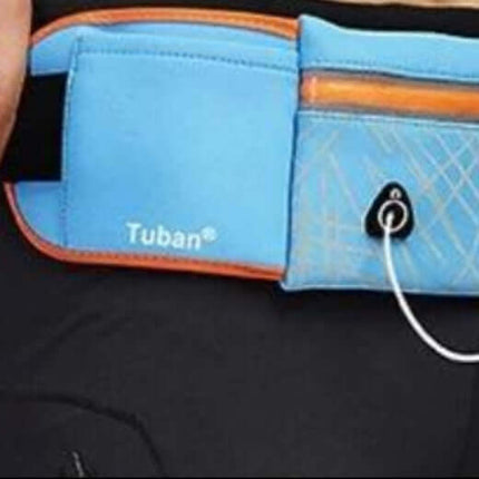 Large Capacity Outdoor Waist Pack for Jogging and Gym in blue water-resistant polyester with zipper pocket and earphone port, shown worn on waist