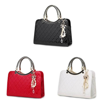 Large Capacity PU Leather Handbag For Everyday Use - quilted tote in black red and white with decorative charm, multiple compartments, polyester lining