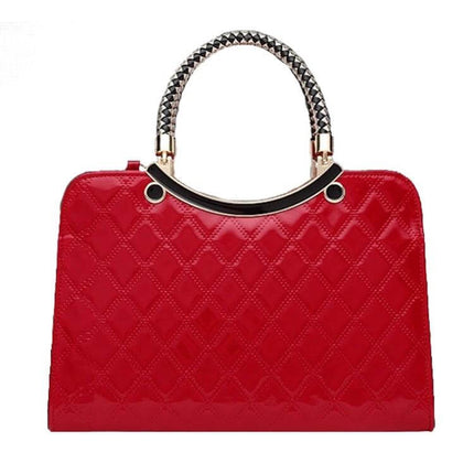 Large Capacity PU Leather Handbag For Everyday Use - red quilted PU leather tote with metallic braided handle and multiple compartments