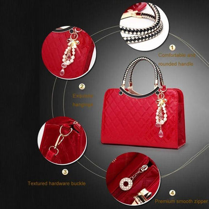 Large Capacity PU Leather Handbag For Everyday Use red quilted bag with double chain handles, decorative charm, multiple compartments and premium zipper