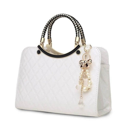 Large Capacity PU Leather Handbag For Everyday Use - white quilted handbag with braided handles and pearl charm