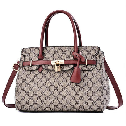 Large Capacity Womens Shoulder Handbag With Belt Accent 34cm - beige monogram PU handbag with burgundy handles and gold lock