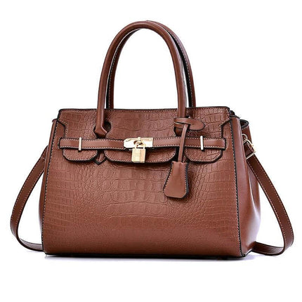 Large Capacity Womens Shoulder Handbag With Belt Accent 34cm - brown PU leather work tote with gold lock and adjustable strap