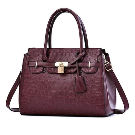 Large Capacity Womens Shoulder Handbag With Belt Accent 34cm in burgundy croc PU leather, structured office tote with top handles, crossbody strap