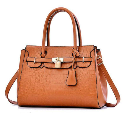 Large Capacity Womens Shoulder Handbag With Belt Accent 34cm in tan PU leather with top handles, crocodile texture, front belt accent and gold lock