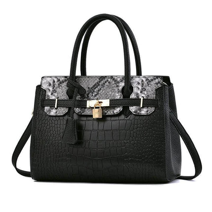 Large Capacity Womens Shoulder Handbag With Belt Accent 34cm black textured PU tote with lock and top handles