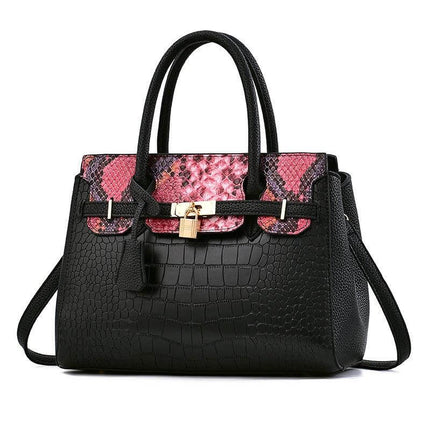 Large Capacity Womens Shoulder Handbag With Belt Accent 34cm black croc texture with pink snakeskin trim and gold lock