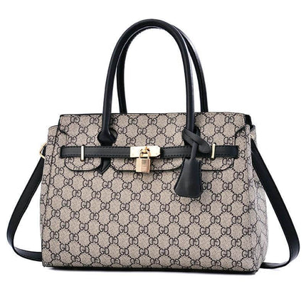 Large Capacity Womens Shoulder Handbag With Belt Accent 34cm beige patterned PU tote with black handles and lock accent