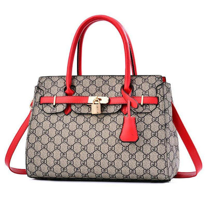 Large Capacity Womens Shoulder Handbag With Belt Accent 34cm in beige monogram print with red handles, belt accent and gold lock, structured everyday tote