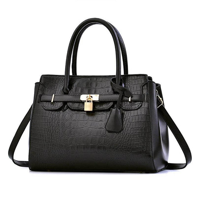 Large Capacity Womens Shoulder Handbag With Belt Accent 34cm black PU crocodile-texture tote with padlock, double handles and detachable shoulder strap