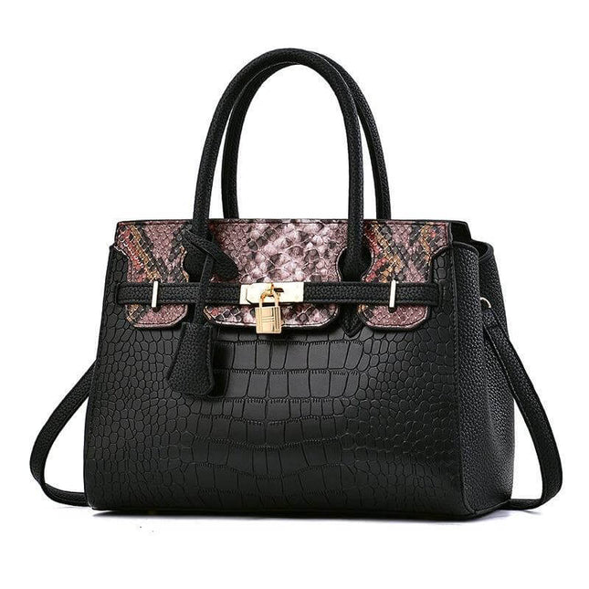 Large Capacity Womens Shoulder Handbag With Belt Accent 34cm - black croc PU tote with snakeskin trim, top handles, crossbody strap, gold lock clasp