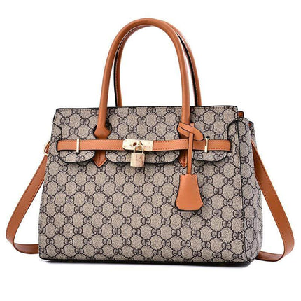 Large Capacity Womens Shoulder Handbag With Belt Accent 34cm, brown PU tote with belt detail, top handles and detachable shoulder strap