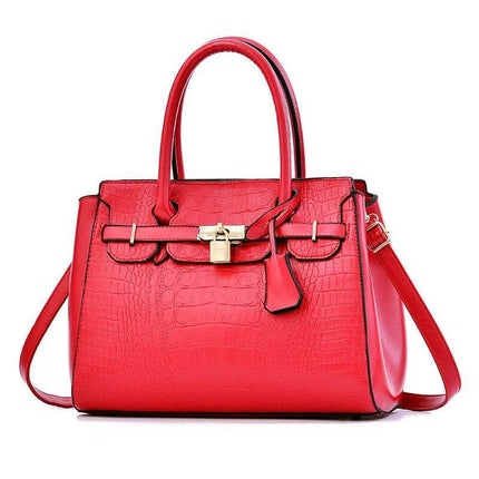 Large Capacity Womens Shoulder Handbag With Belt Accent 34cm - red PU structured tote with croc texture, top handles, detachable shoulder strap, lock detail