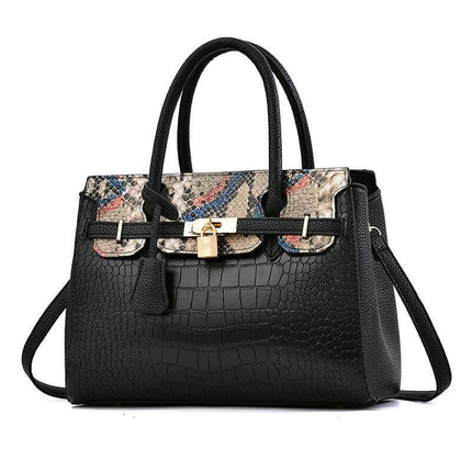 Large Capacity Womens Shoulder Handbag With Belt Accent 34cm black textured PU handbag with lock and snake-print flap