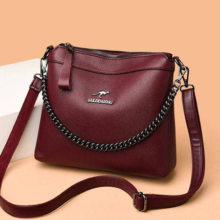 Large Crossbody Shoulder Handbag With Multiple Pockets For Daily Use - wine red PU travel commuter bag with stitched accents and chain strap