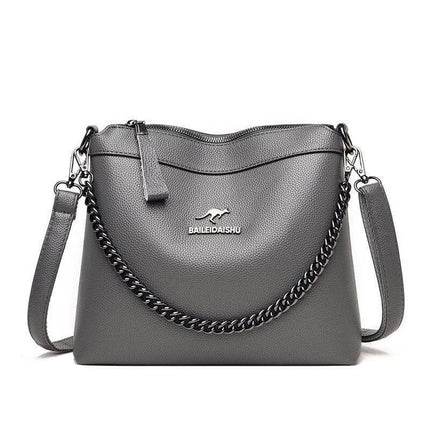 Large Crossbody Shoulder Handbag With Multiple Pockets For Daily Use - gray PU horizontal square bag with chain detail, stitched letters and multiple pockets
