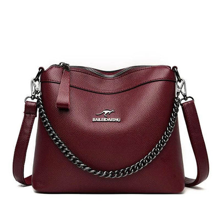 Large Crossbody Shoulder Handbag With Multiple Pockets For Daily Use - wine red horizontal PU bag with stitched letters, chain and adjustable strap