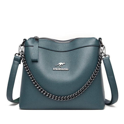 Large Crossbody Shoulder Handbag With Multiple Pockets For Daily Use — teal PU bag with chain and adjustable strap, stitched letter accent, polyester lining