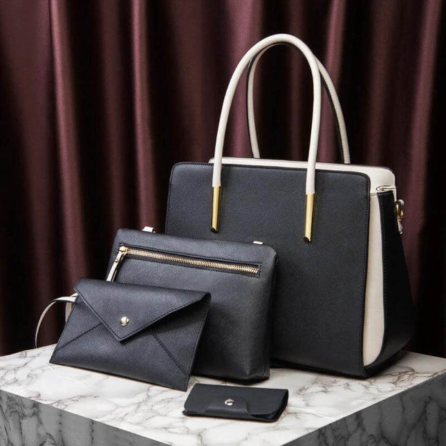 Large European Style Women's Handbag Available In Multiple Colors - black structured tote with matching pouches for travel and daily use