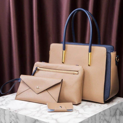Large European Style Women's Handbag Available In Multiple Colors - beige navy structured tote with zipped pockets for travel and daily use