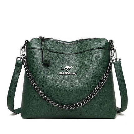 Large Crossbody Shoulder Handbag With Multiple Pockets For Daily Use - green PU bag with chain strap and stitched pocket design