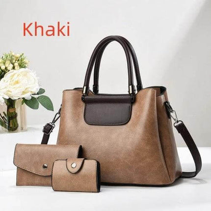 Large PU Women's Everyday Handbag For Daily Urban Use - khaki three-piece set with medium-soft PU exterior, shoulder straps and matching pouches