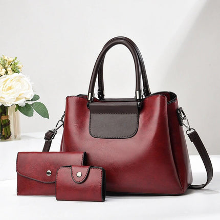 Large PU Women's Everyday Handbag For Daily Urban Use - red three-piece set with medium and small pouches, PU exterior, shoulder strap, commuting essentials