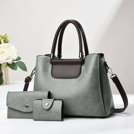 Large PU Women's Everyday Handbag For Daily Urban Use - three-piece grey PU set with detachable strap, medium and small pouches for commuting