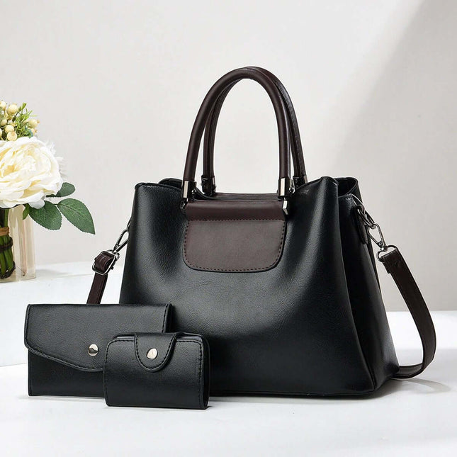 Large PU Women's Everyday Handbag For Daily Urban Use - black three-piece set with medium-soft PU exterior, detachable strap, wallet and pouch for commuting