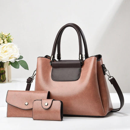 Large PU Women's Everyday Handbag For Daily Urban Use - three-piece medium-soft PU set with large tote, medium and small pouches for commuting