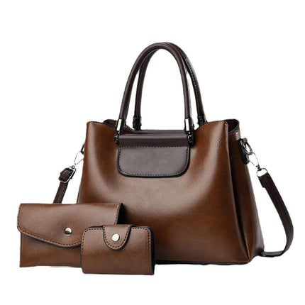 Large PU Women's Everyday Handbag For Daily Urban Use - brown three-piece set with large horizontal tote, medium pouch and small wallet for commuting